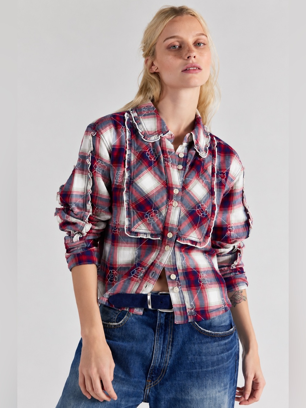 Free People We The Free Georgia Plaid Embroidered Button Down